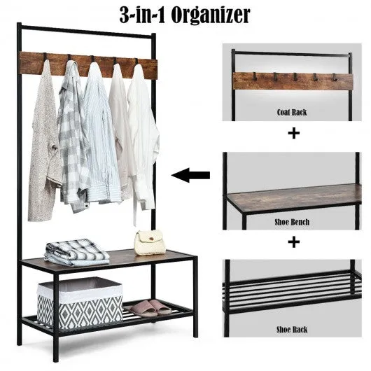 3 in 1 Industrial Coat Rack with 2-tier Storage Bench and 5 Hooks-Coffee