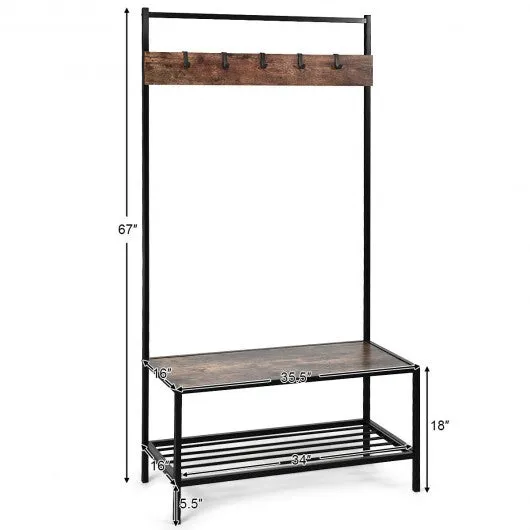 3 in 1 Industrial Coat Rack with 2-tier Storage Bench and 5 Hooks-Coffee