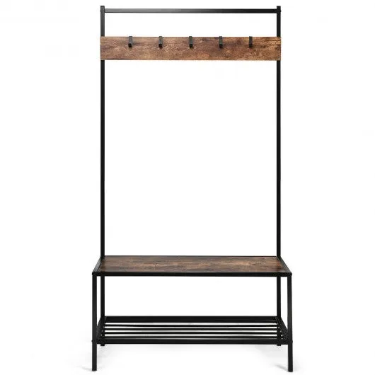 3 in 1 Industrial Coat Rack with 2-tier Storage Bench and 5 Hooks-Coffee