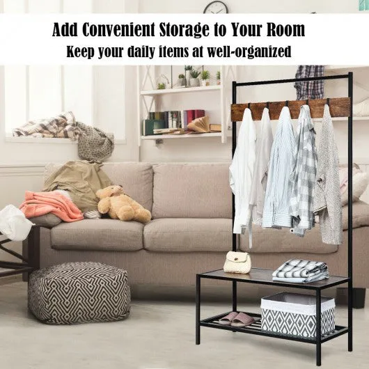 3 in 1 Industrial Coat Rack with 2-tier Storage Bench and 5 Hooks-Coffee