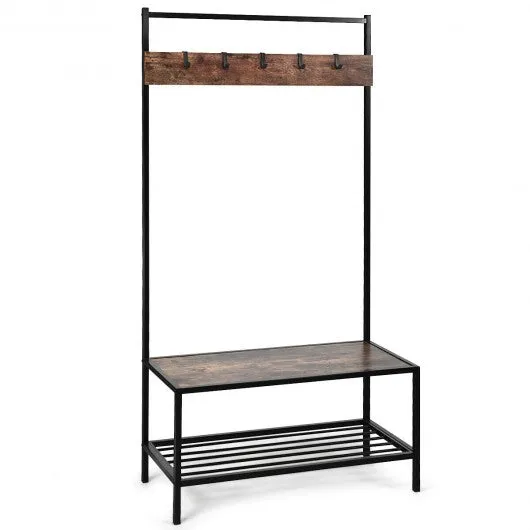 3 in 1 Industrial Coat Rack with 2-tier Storage Bench and 5 Hooks-Coffee