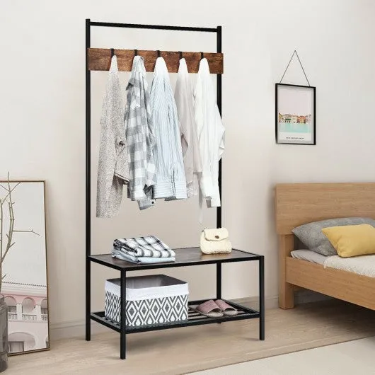 3 in 1 Industrial Coat Rack with 2-tier Storage Bench and 5 Hooks-Coffee