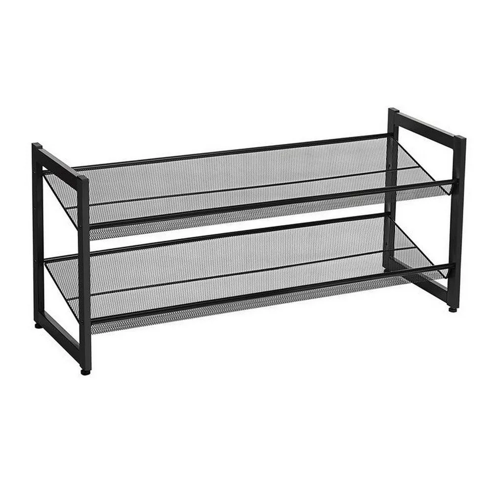 36 Inch Shoe Rack, 2 Storage Shelves, Mesh Design, Black Metal Frame By Casagear Home