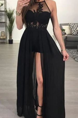 A-line Halter Black Chiffon Sexy Long Prom Dress Evening Dress  PG420