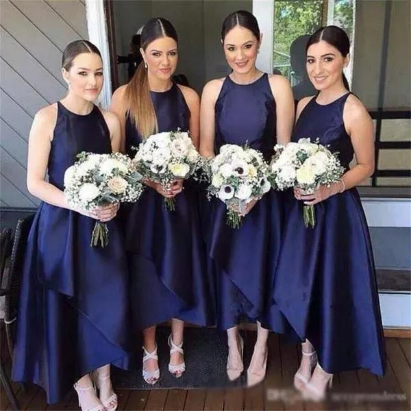 A-Line Jewel Floor-Length Navy Blue Sleeveless Satin Bridesmaid Dress BD054