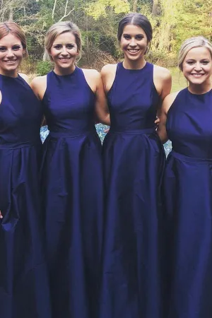 A-Line Jewel Floor-Length Navy Blue Sleeveless Satin Bridesmaid Dress BD054