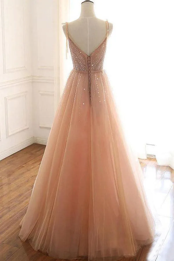 A Line Lace Up Back Straps Evening Dresses Tulle Sequins Prom Dresses  PSK059