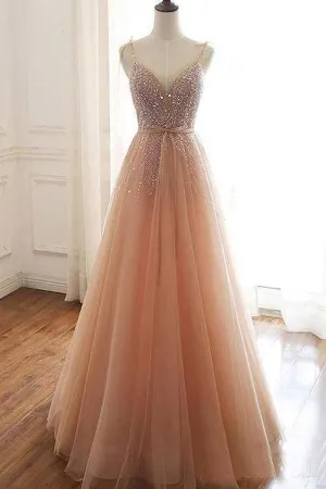 A Line Lace Up Back Straps Evening Dresses Tulle Sequins Prom Dresses  PSK059