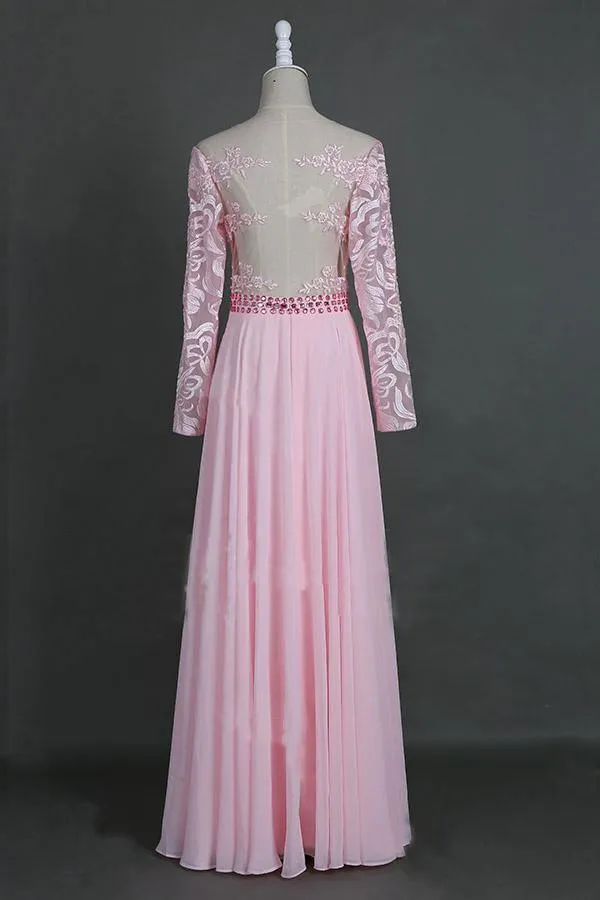 A-Line Sheer Neckline  Prom Dresses Floor Length Long Sleeves Evening Dress  PG972