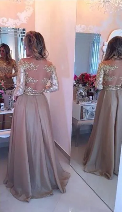 A-Line Sheer Neckline  Prom Dresses Floor Length Long Sleeves Evening Dress  PG972