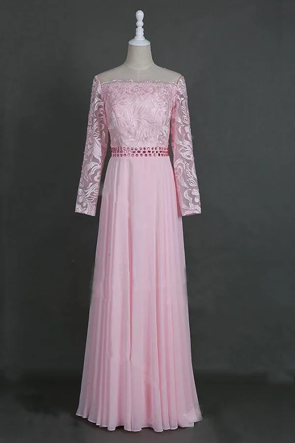 A-Line Sheer Neckline  Prom Dresses Floor Length Long Sleeves Evening Dress  PG972