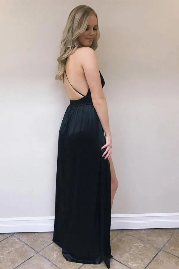 A-Line Silk Satin V Neck Sexy Prom Dresses 2019 Side Slit  PG911