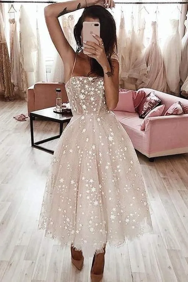 A Line Spaghetti Strap Tea Length Pearl Pink Homecoming Dress With Beading   PD349