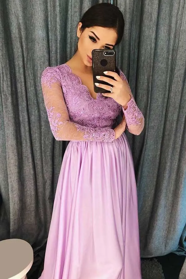 A-Line V-Neck Purple Satin Prom/Evening Dress with Appliques Beading  PG743