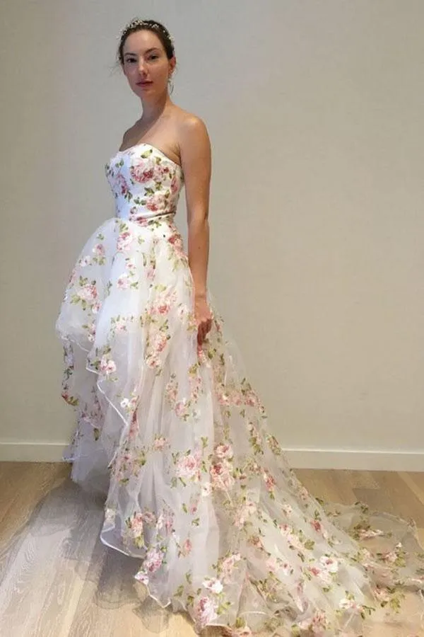 A-Line White High Low Strapless Tulle Appliques Prom Dress PG913