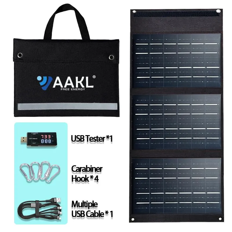 AAKL 36W Foldable Solar Charger Portable Waterproof Panel Backpack Bag Quick Charging Power Station Compatible DC USB Tester Cables Port Cell Phone Pad Outdoor Camping Hiking