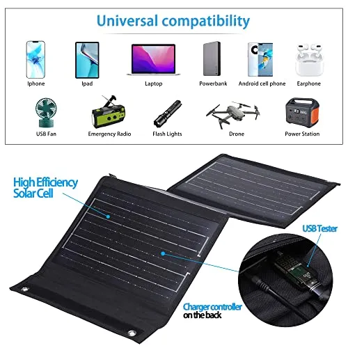 AAKL 36W Foldable Solar Charger Portable Waterproof Panel Backpack Bag Quick Charging Power Station Compatible DC USB Tester Cables Port Cell Phone Pad Outdoor Camping Hiking