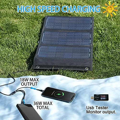 AAKL 36W Foldable Solar Charger Portable Waterproof Panel Backpack Bag Quick Charging Power Station Compatible DC USB Tester Cables Port Cell Phone Pad Outdoor Camping Hiking