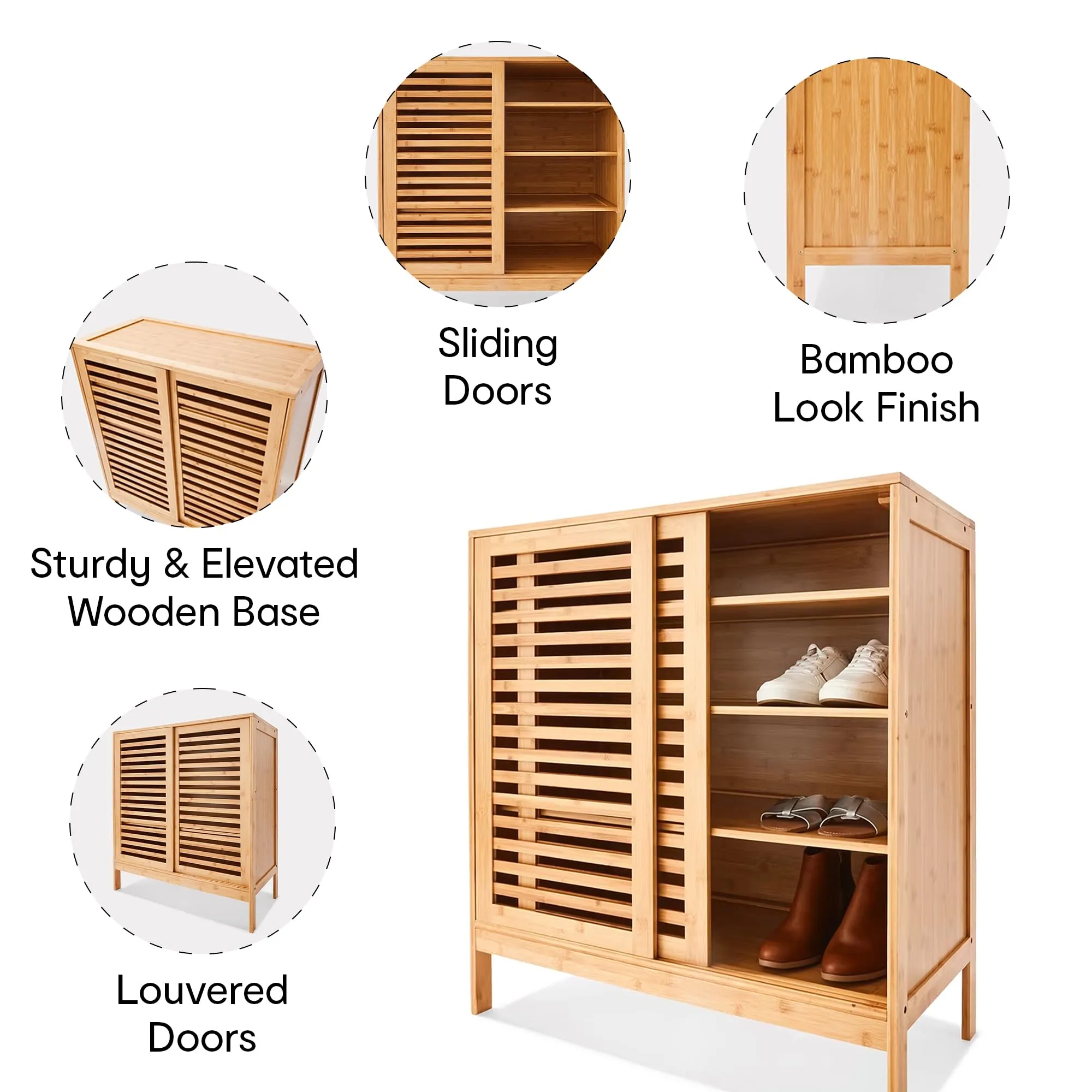 Anko 4-Tier Bamboo Shoe Cabinet with Sliding Doors|2 Door Shoe Cabinet for Home |Multi-Purpose Standing Home Organizer| Engineered Wood Shoe Rack for Home Cabinet Storage Organizer.