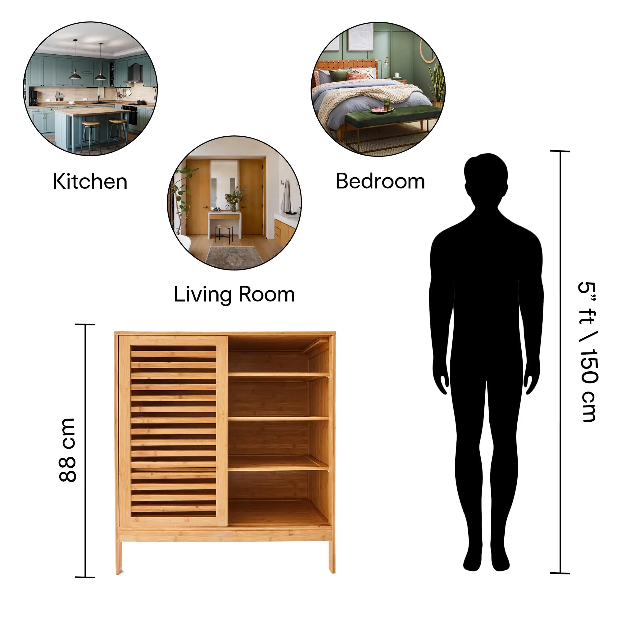 Anko 4-Tier Bamboo Shoe Cabinet with Sliding Doors|2 Door Shoe Cabinet for Home |Multi-Purpose Standing Home Organizer| Engineered Wood Shoe Rack for Home Cabinet Storage Organizer.