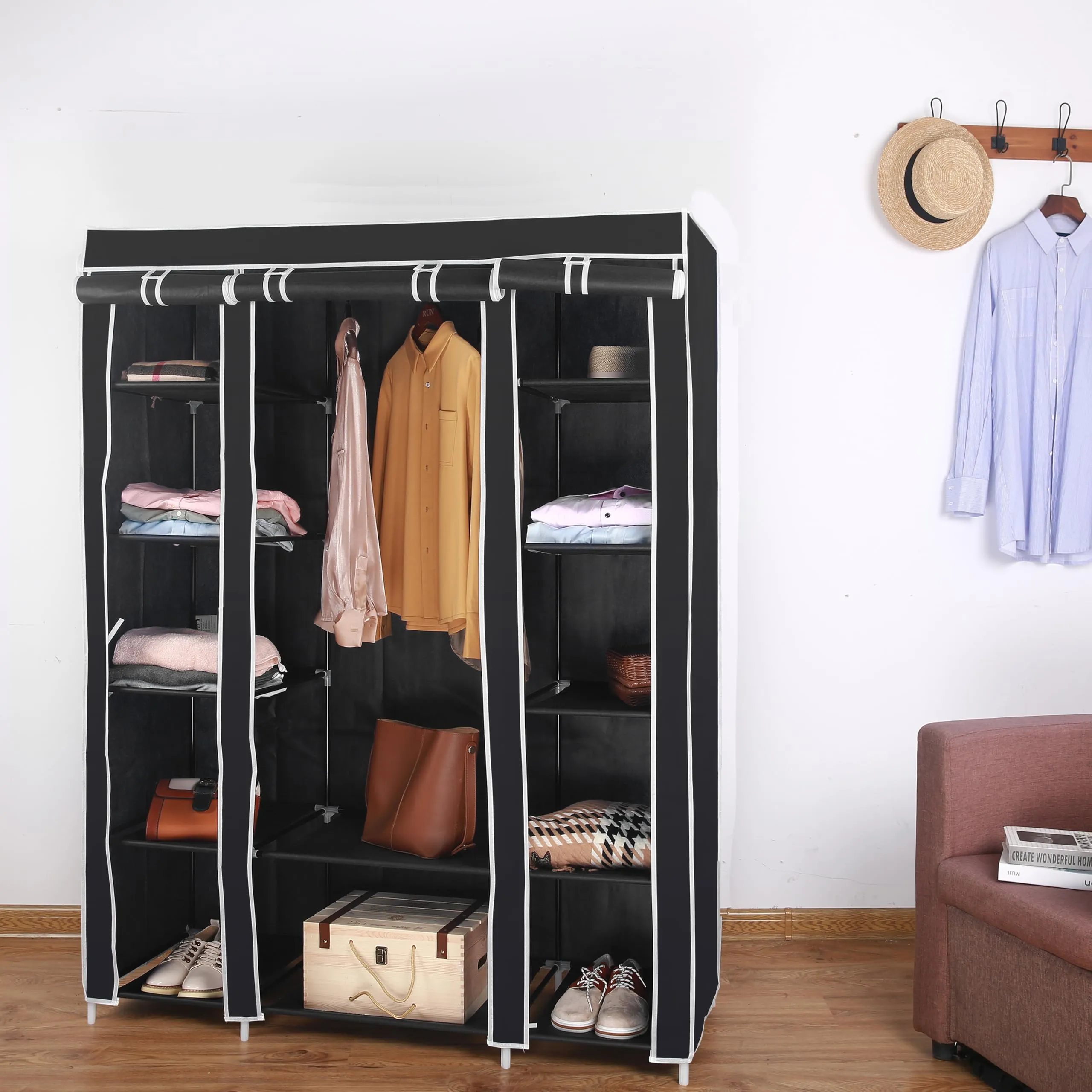 AROME PUR Fabric Canvas Wardrobe Organizers Clothes Rail Shelves Storage Closet Triple (Black)