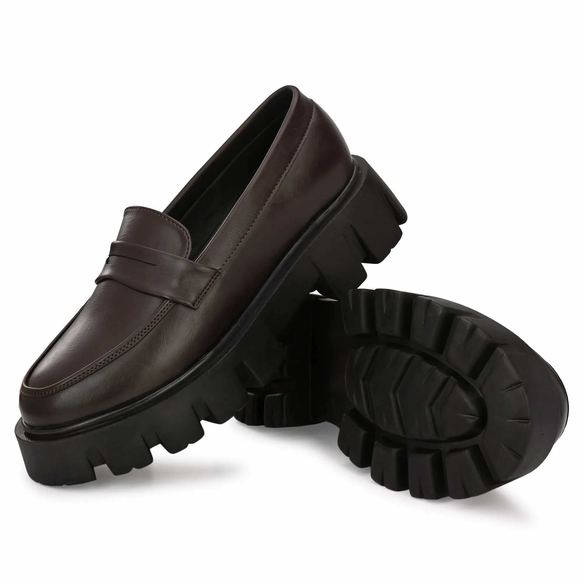 Attitudist Unisex Matte Brown Slip-On High Heel Penny Loafers