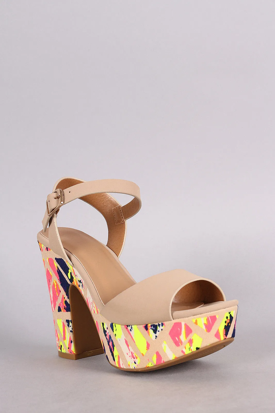 Bamboo Watercolor Print Ankle Strap Chunky Platform Heel