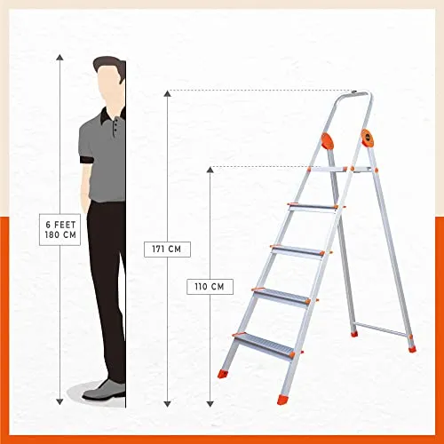 Bathla Safex 5 - Step Foldable Aluminium Ladder for Home | Anti-Skid Shoes | Edge Guards | with Sure-Hinge Technology (Orange)