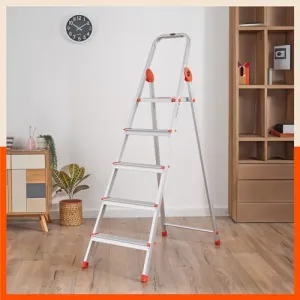 Bathla Safex 5 - Step Foldable Aluminium Ladder for Home | Anti-Skid Shoes | Edge Guards | with Sure-Hinge Technology (Orange)