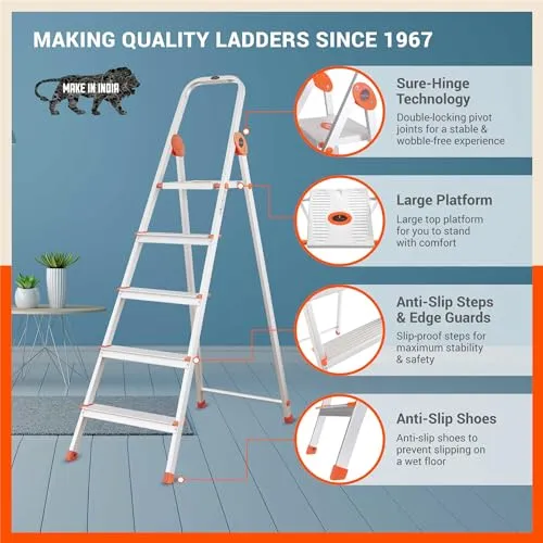 Bathla Safex 5 - Step Foldable Aluminium Ladder for Home | Anti-Skid Shoes | Edge Guards | with Sure-Hinge Technology (Orange)