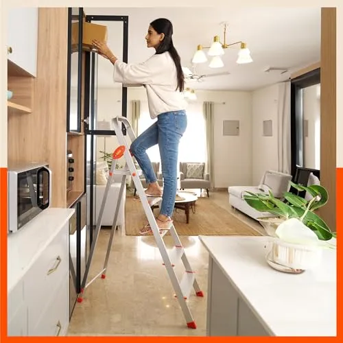 Bathla Safex 5 - Step Foldable Aluminium Ladder for Home | Anti-Skid Shoes | Edge Guards | with Sure-Hinge Technology (Orange)