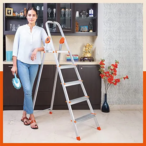 Bathla Safex 5 - Step Foldable Aluminium Ladder for Home | Anti-Skid Shoes | Edge Guards | with Sure-Hinge Technology (Orange)