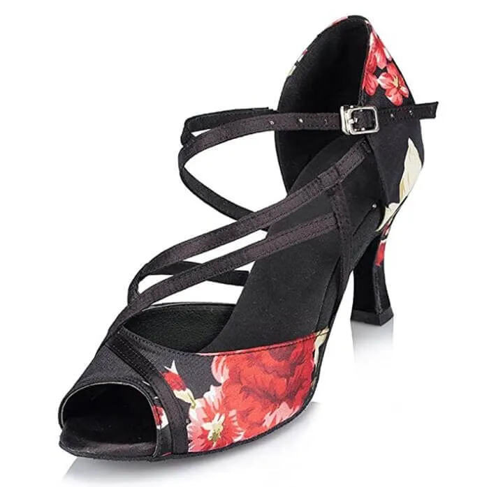 Black Flower Print Ballroom Shoes Latin Salsa Dance Shoes