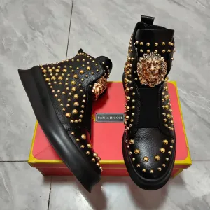 Black Leather Rivets Decoration Boots