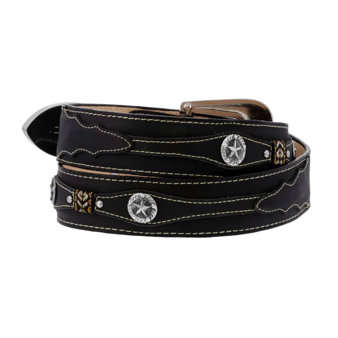 Black Western Cowboy Leather Belt Navajo Concho - Silver Buckle