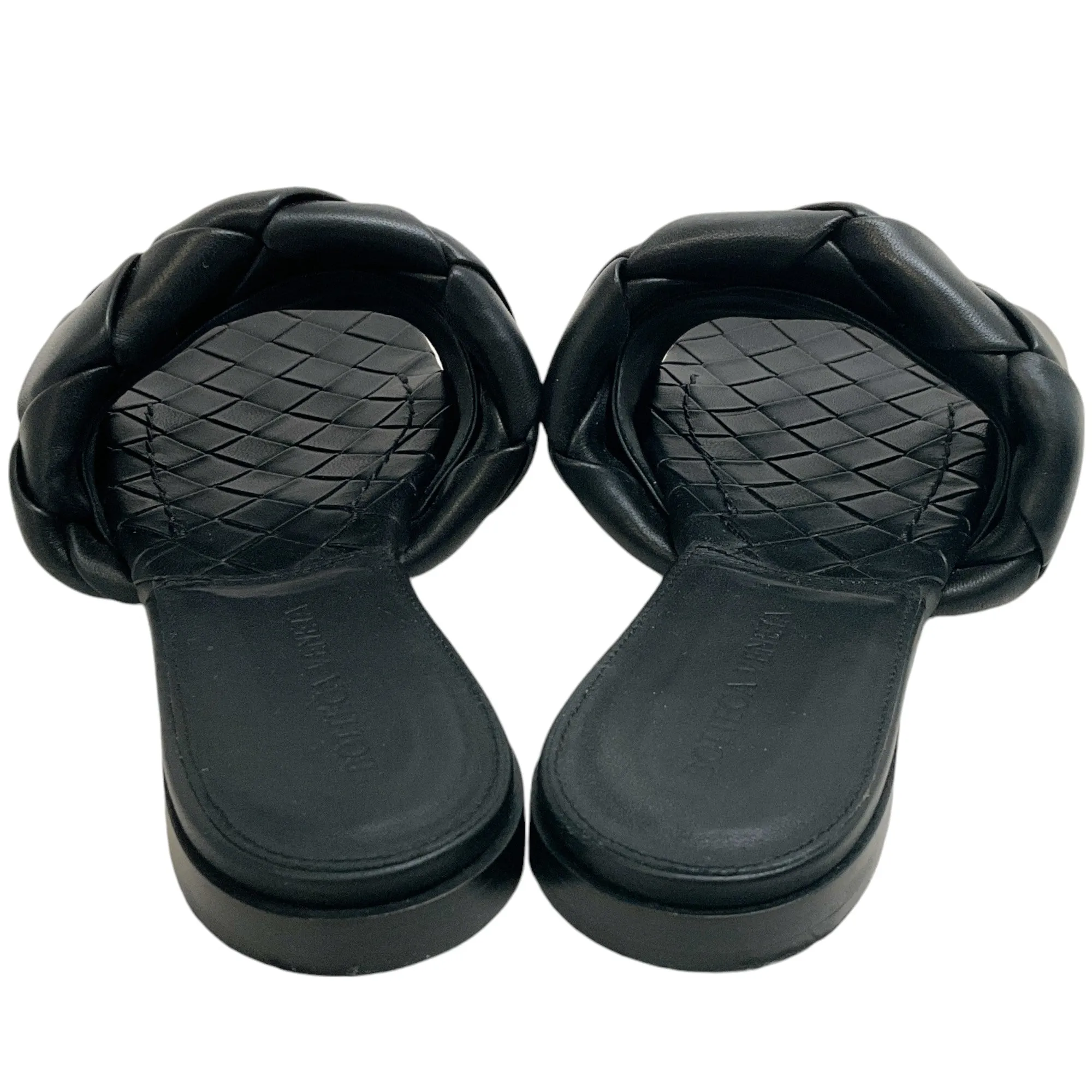 Bottega Veneta Black Leather Intreccio Lido Slide Sandals