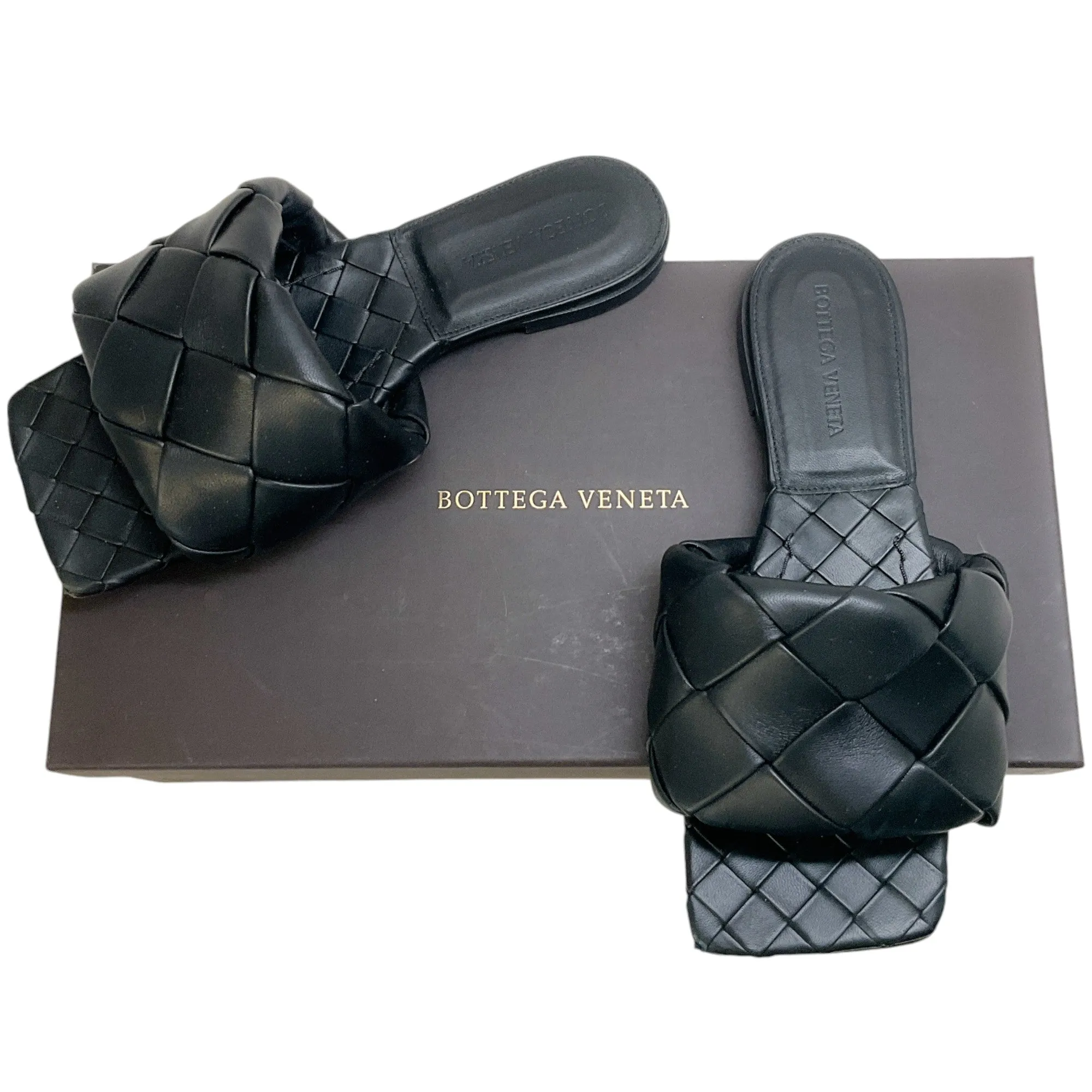 Bottega Veneta Black Leather Intreccio Lido Slide Sandals