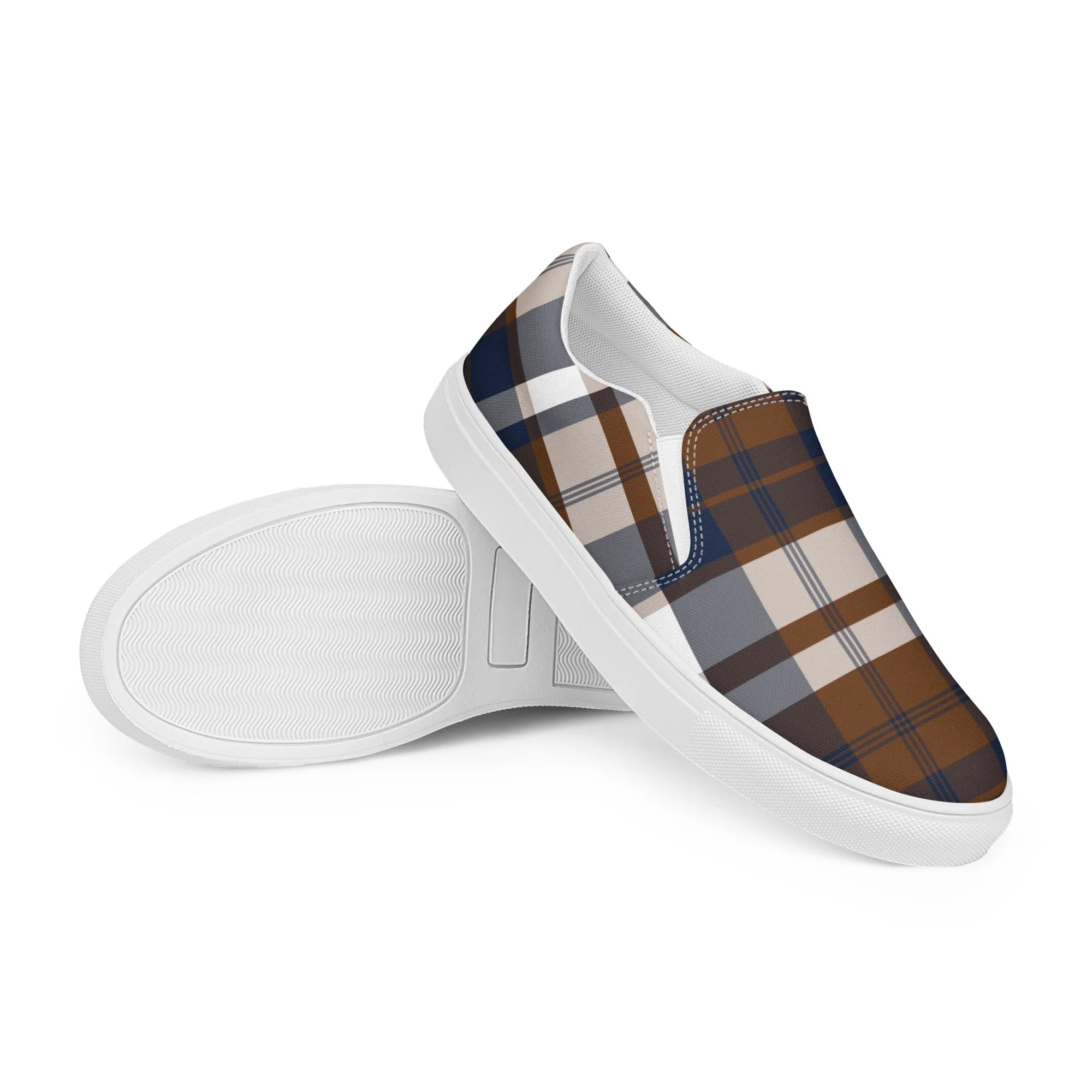 Brown and Navy Blue Preppy Surfer Plaid Men’s Slip On Canvas Shoes