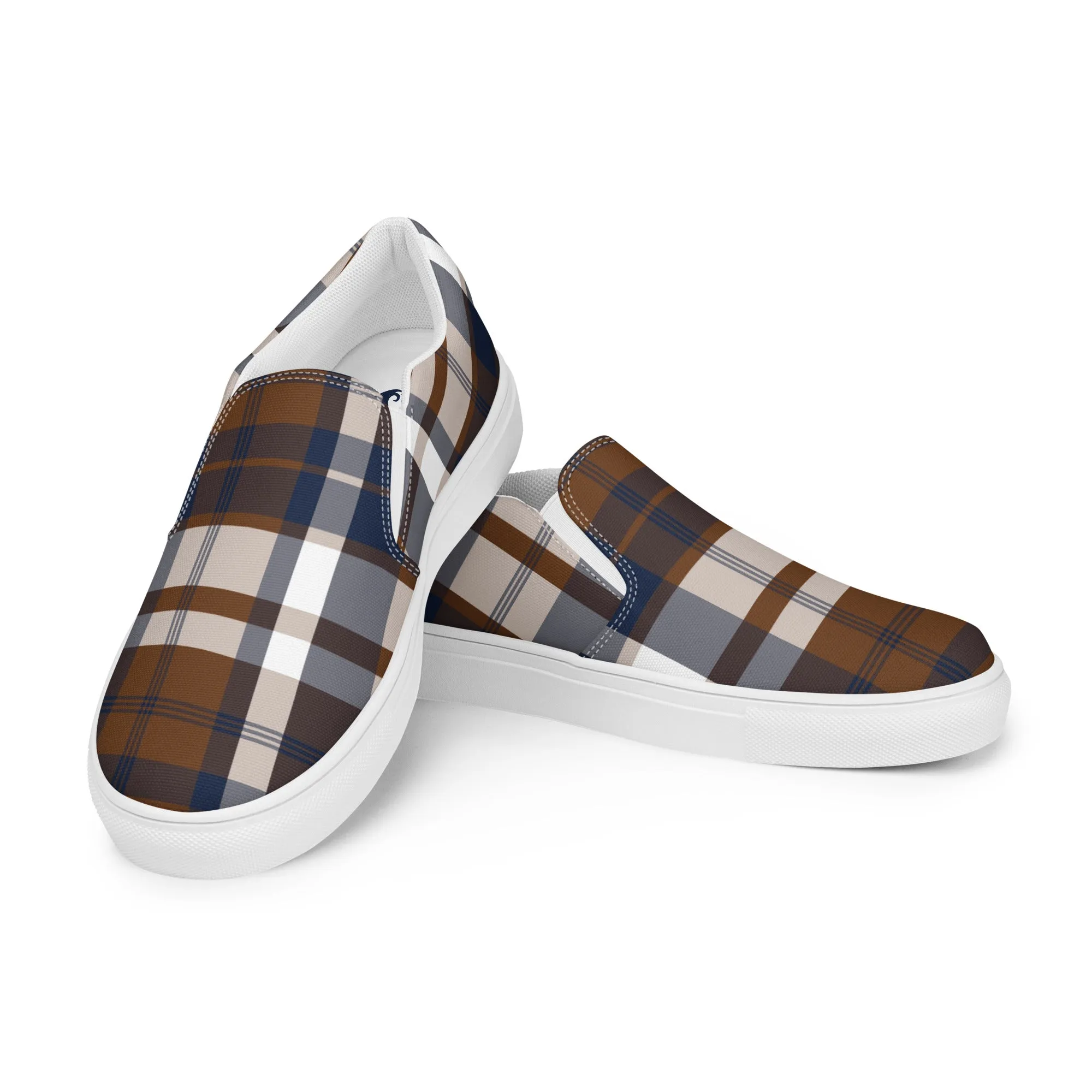 Brown and Navy Blue Preppy Surfer Plaid Men’s Slip On Canvas Shoes