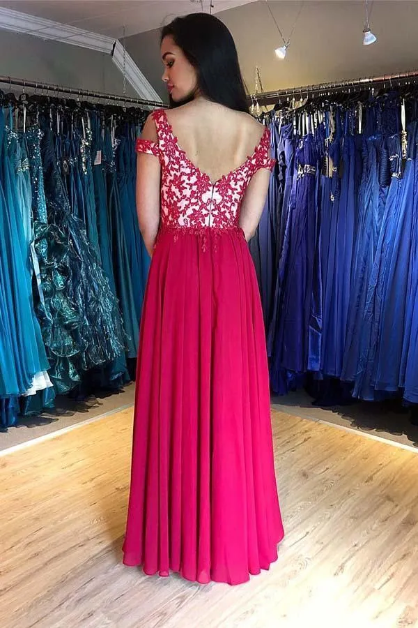 Cap Sleeve Lace Appliques A-Line Floor Length Chiffon Prom Evening Dress  PSK033