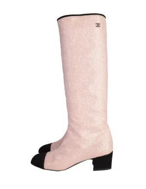 Chanel AW 2017 Light Pink and Black Glitter Knee High Boots