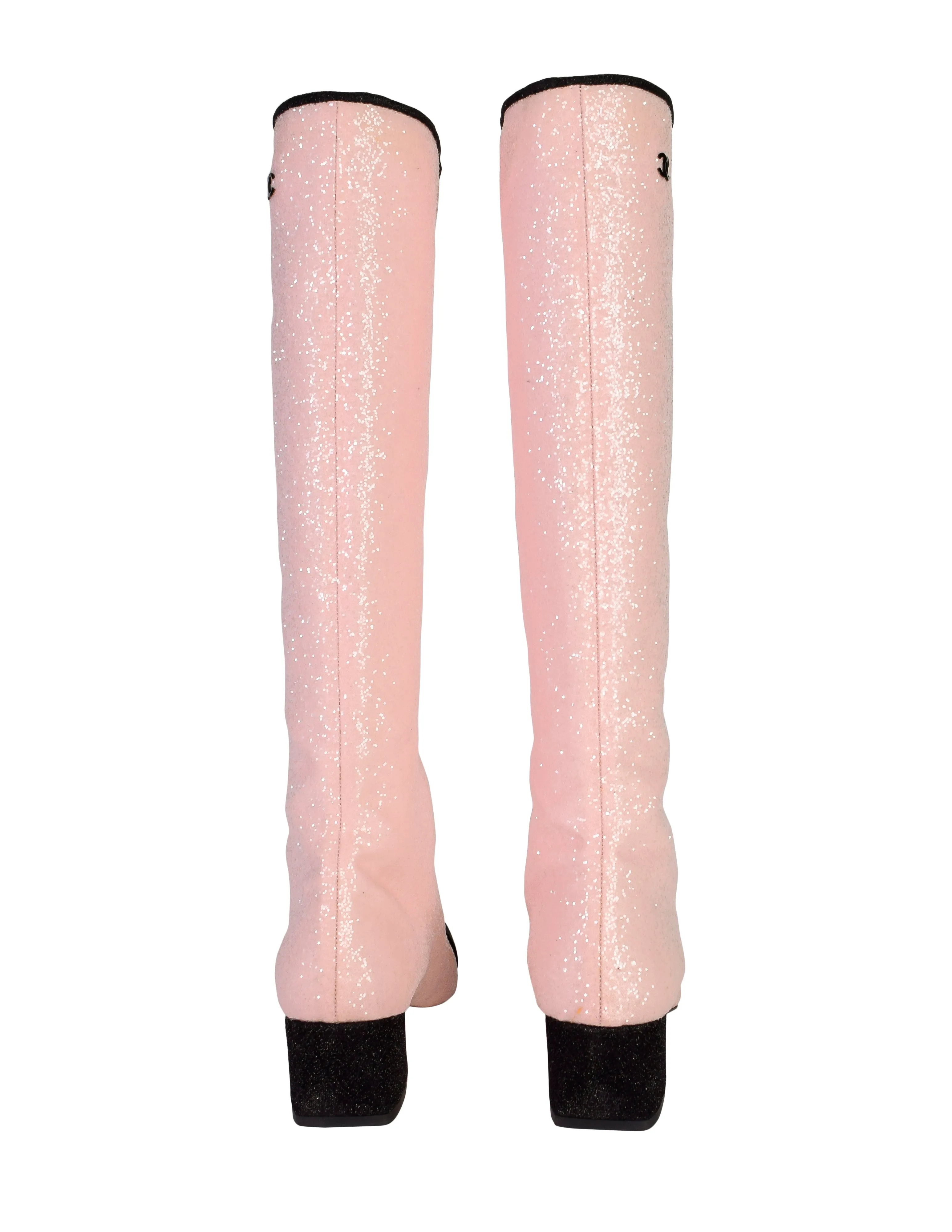 Chanel AW 2017 Light Pink and Black Glitter Knee High Boots