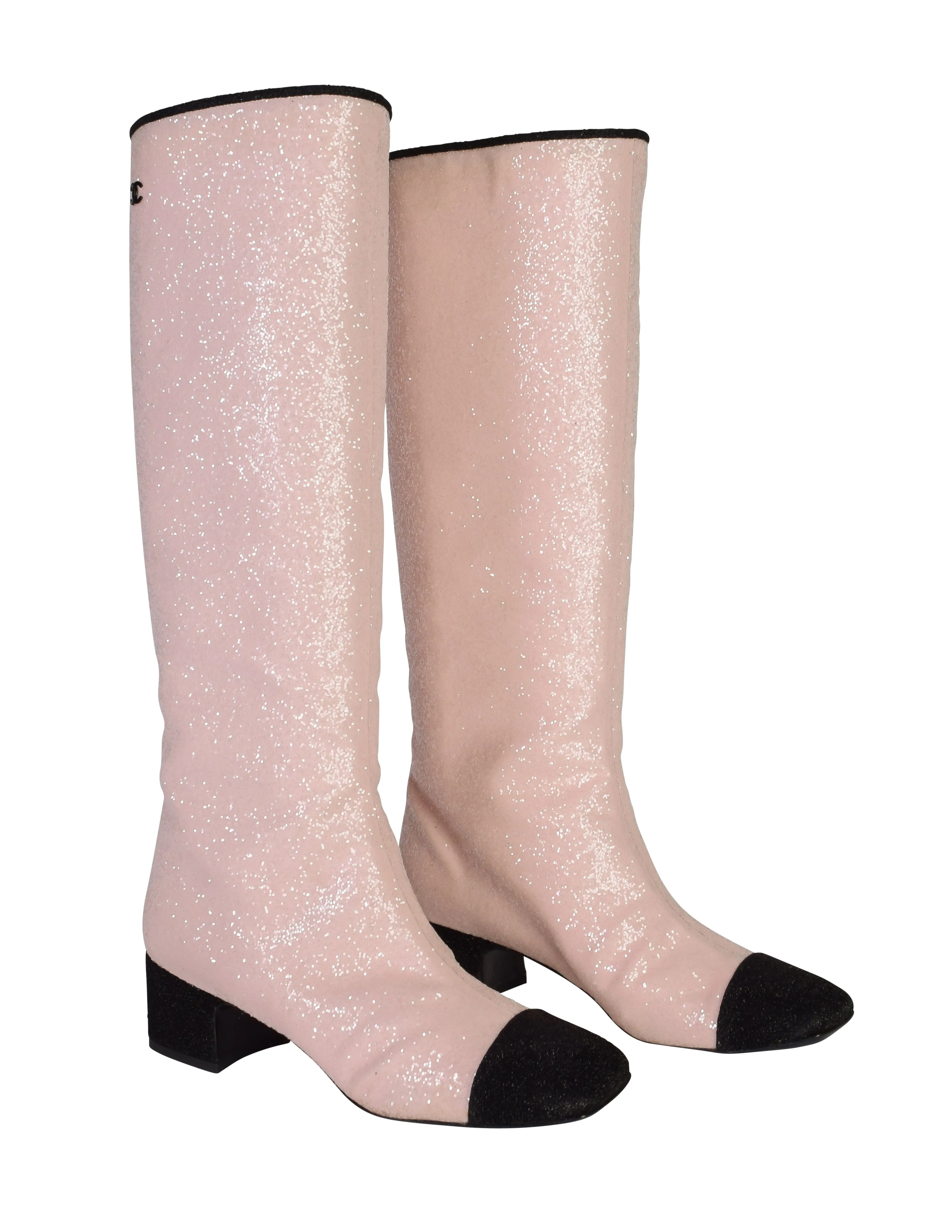 Chanel AW 2017 Light Pink and Black Glitter Knee High Boots