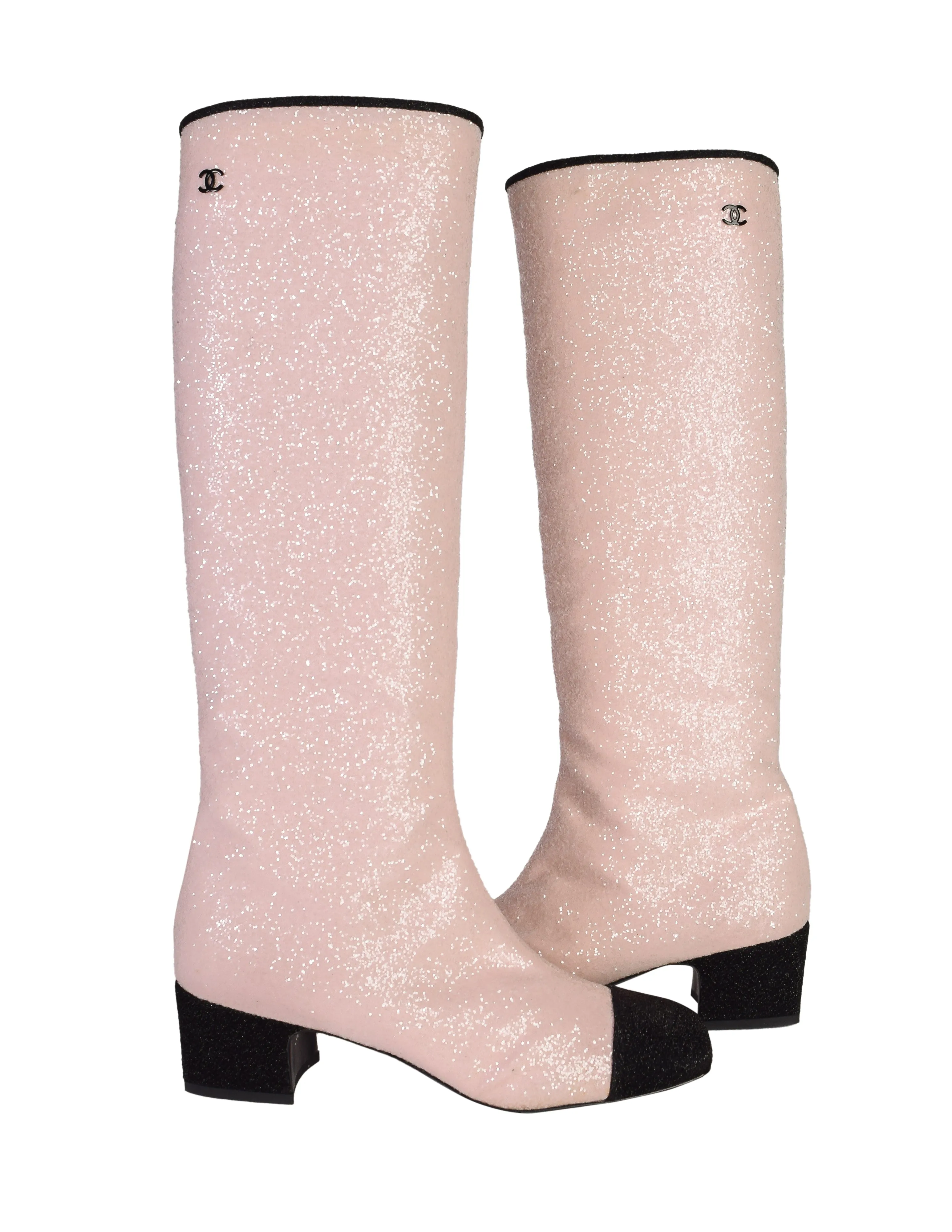 Chanel AW 2017 Light Pink and Black Glitter Knee High Boots