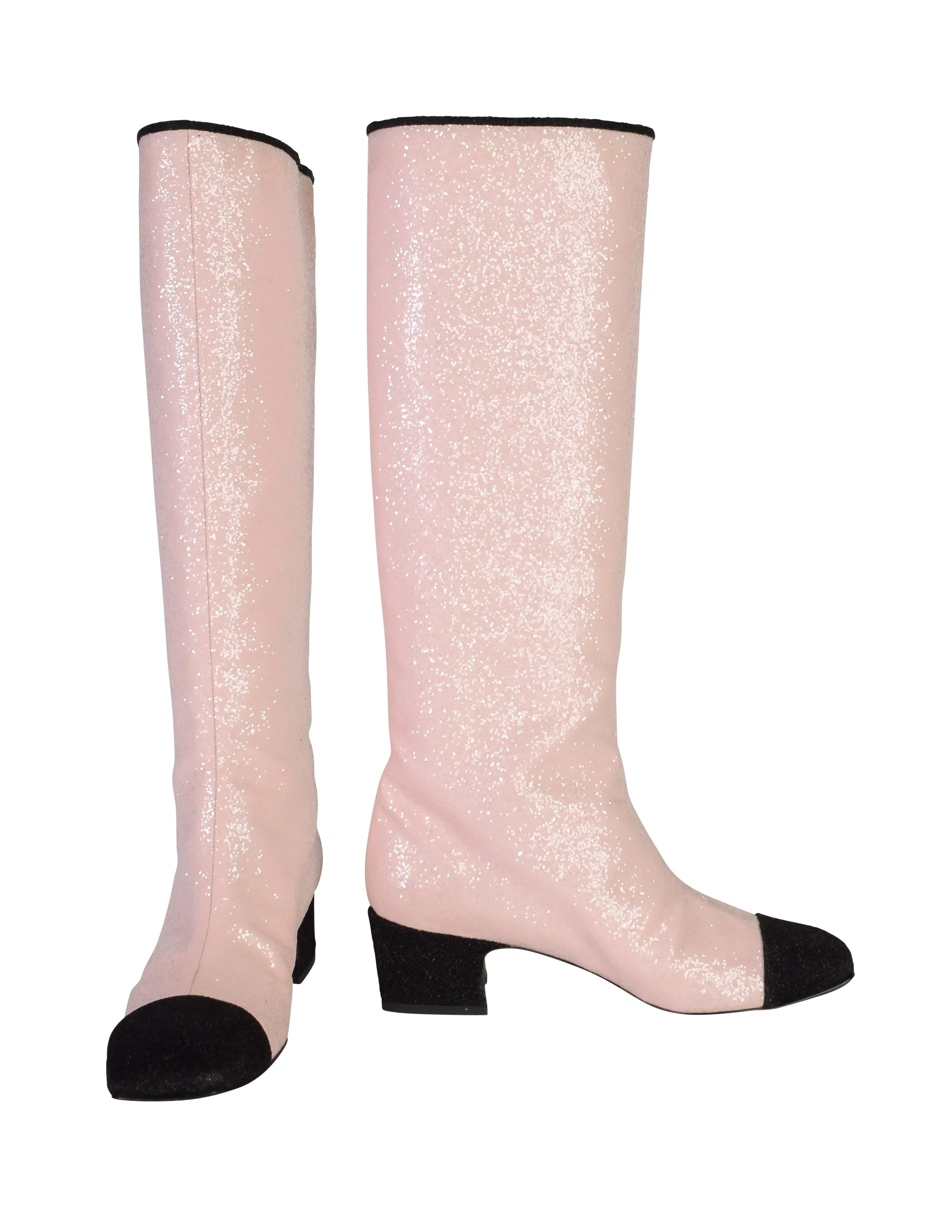 Chanel AW 2017 Light Pink and Black Glitter Knee High Boots