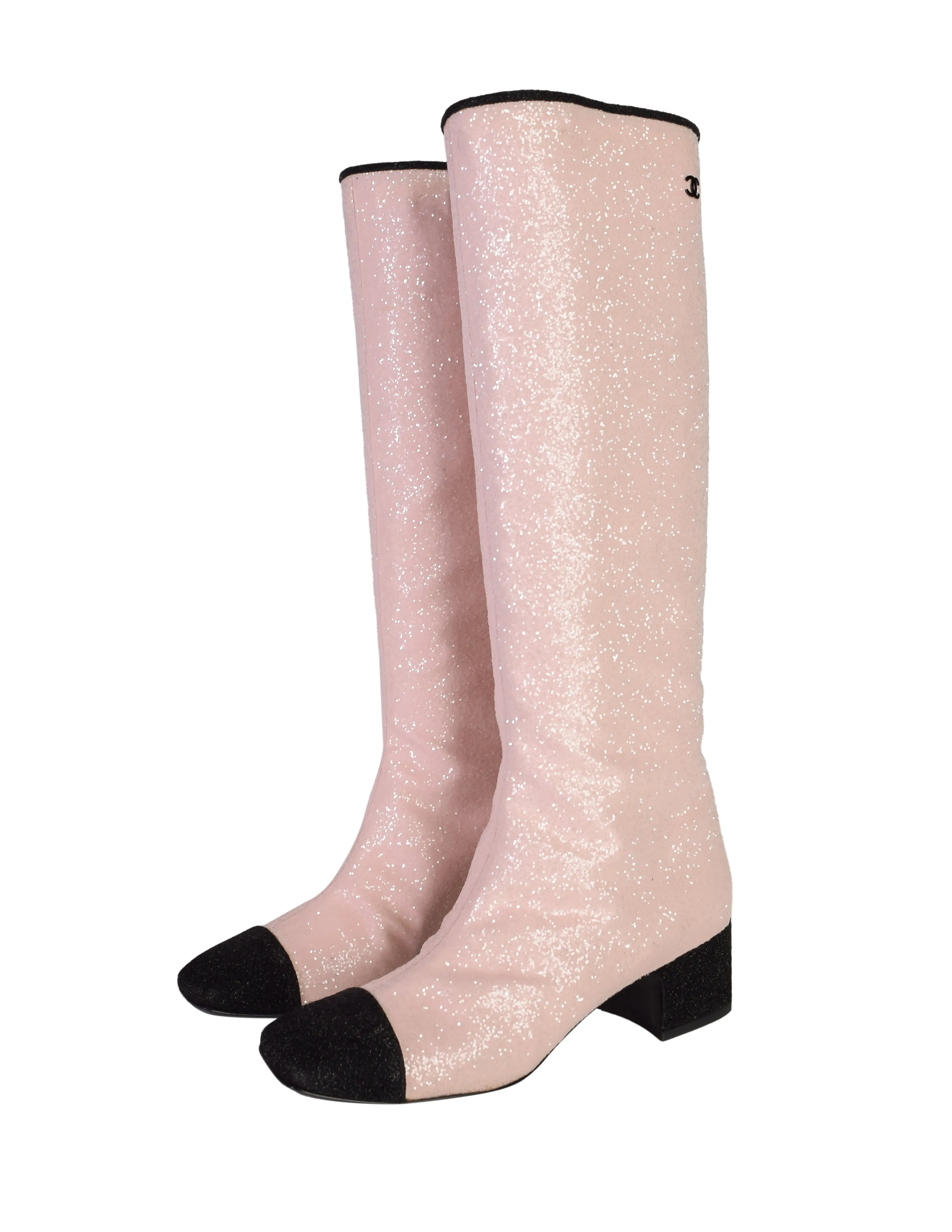 Chanel AW 2017 Light Pink and Black Glitter Knee High Boots