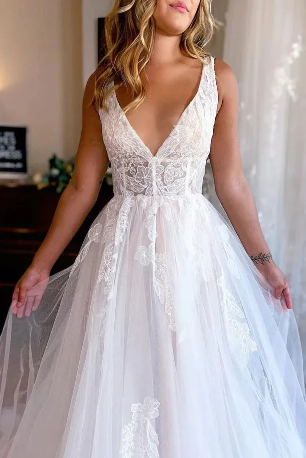 Charming A Line V Neck Tulle Beach Wedding Dresses with Appliques WD670