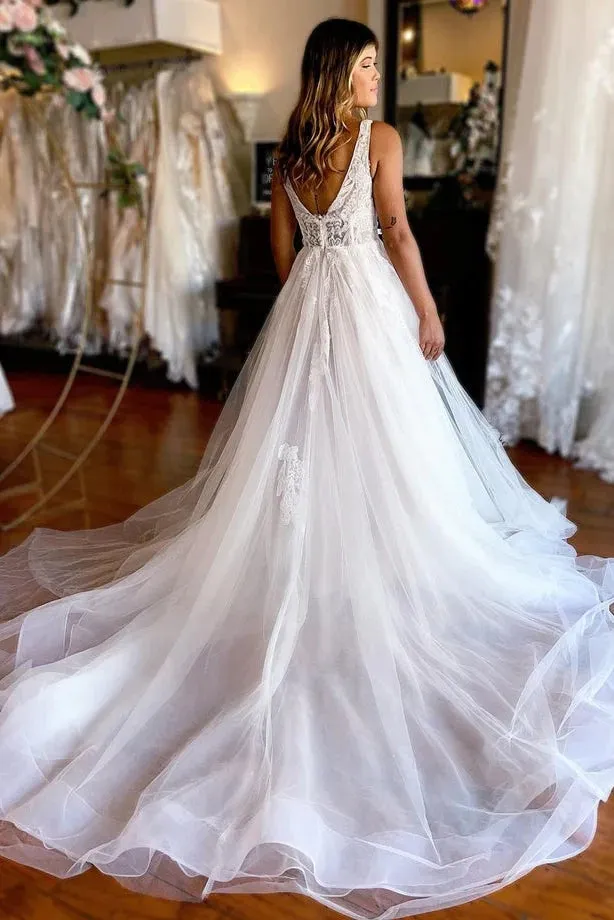 Charming A Line V Neck Tulle Beach Wedding Dresses with Appliques WD670