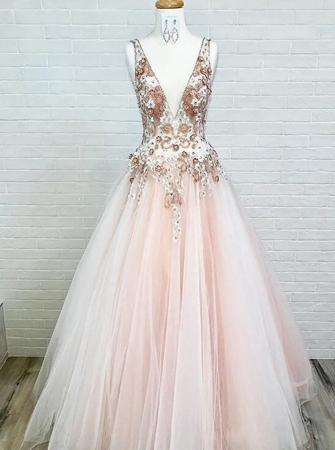 Charming V-Neck Floor-Length Pink Tulle Prom Dress with Appliques Beading PG899