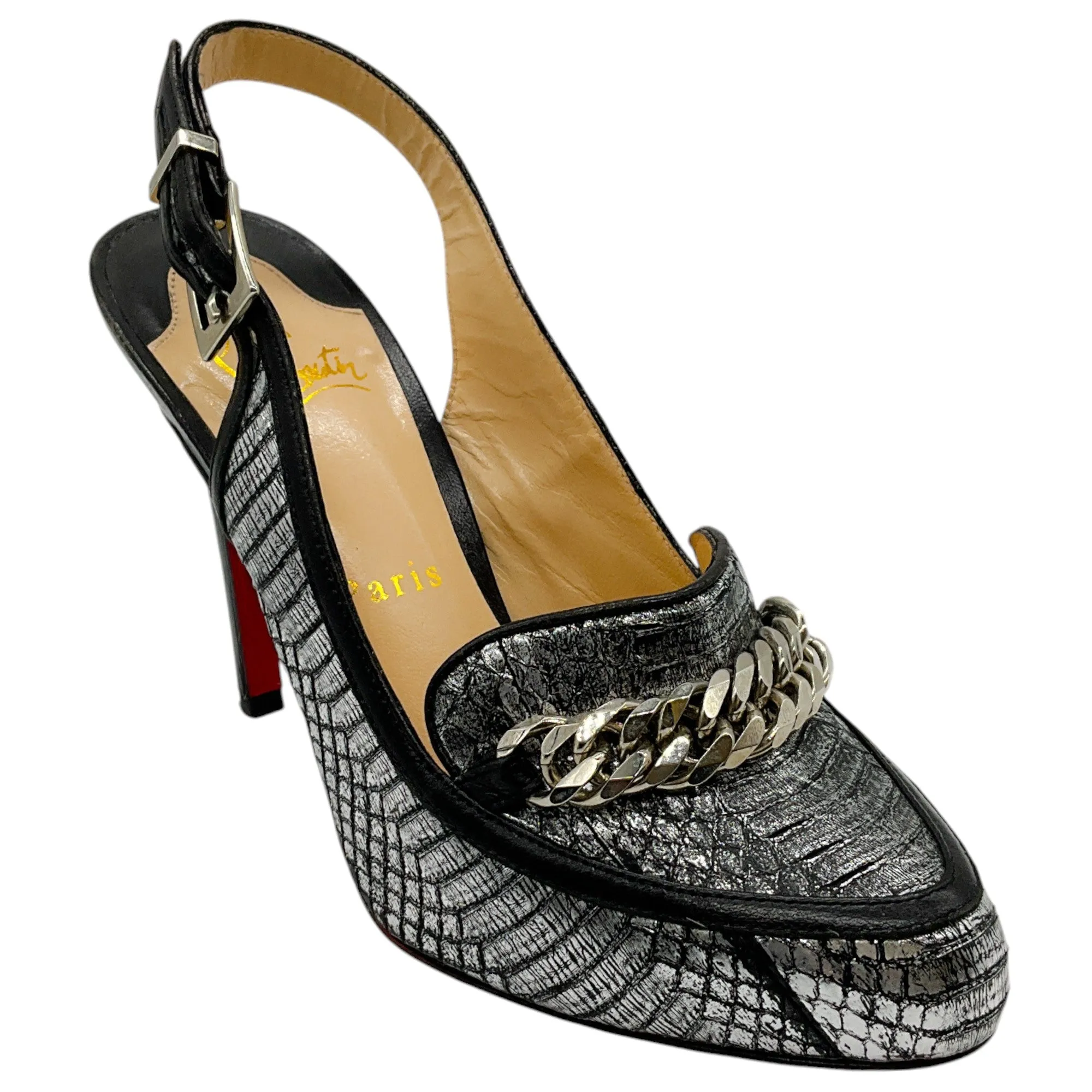 Christian Louboutin Black / Silver Snake Slingback Pumps with Chain Detail